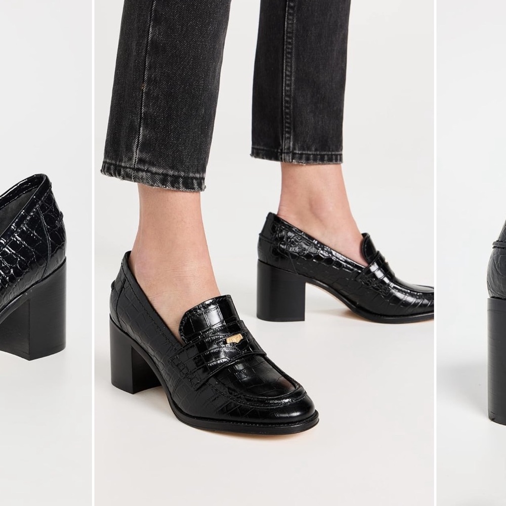 Veronica Beard Black Croc-Embossed Penny Loafer 70mm Block Heel